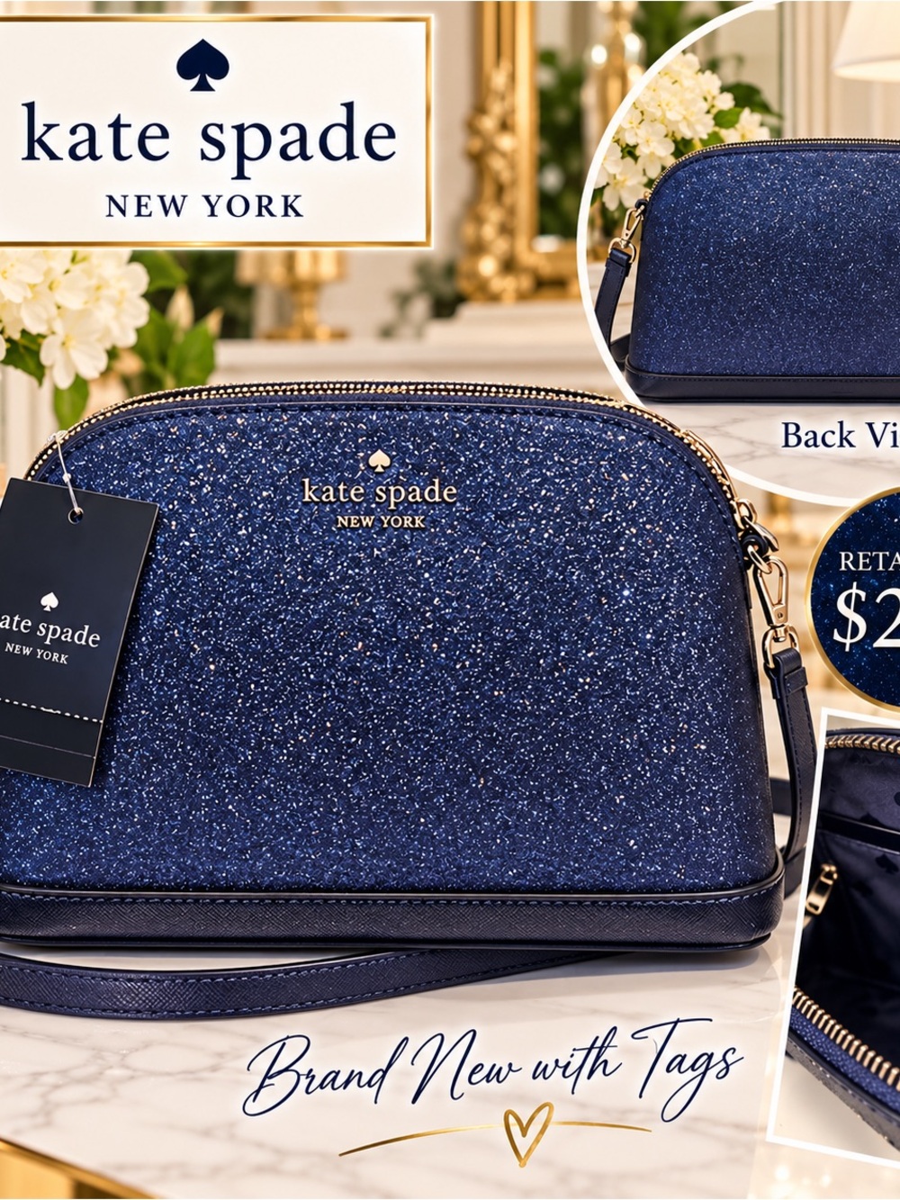 kate spade navy glitter crossbody purse with gold logo